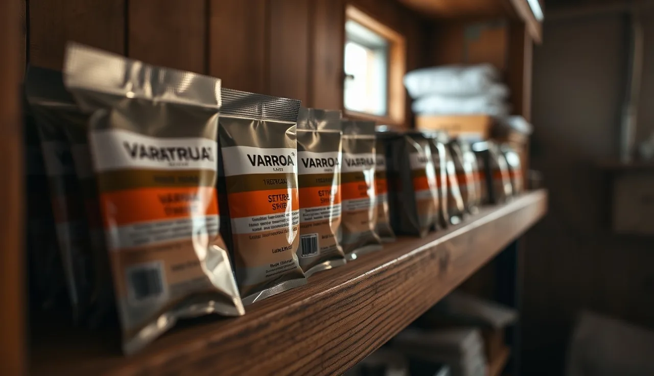 Sealed foil varroa treatment strip pouches stored on a wooden basement shelf