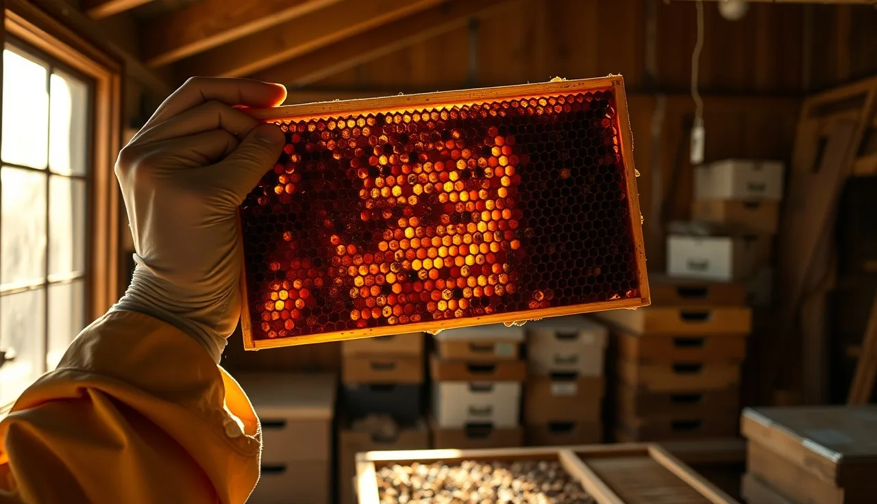 Beekeeper inspecting drawn brood comb frame from a deadout hive in a storage shed