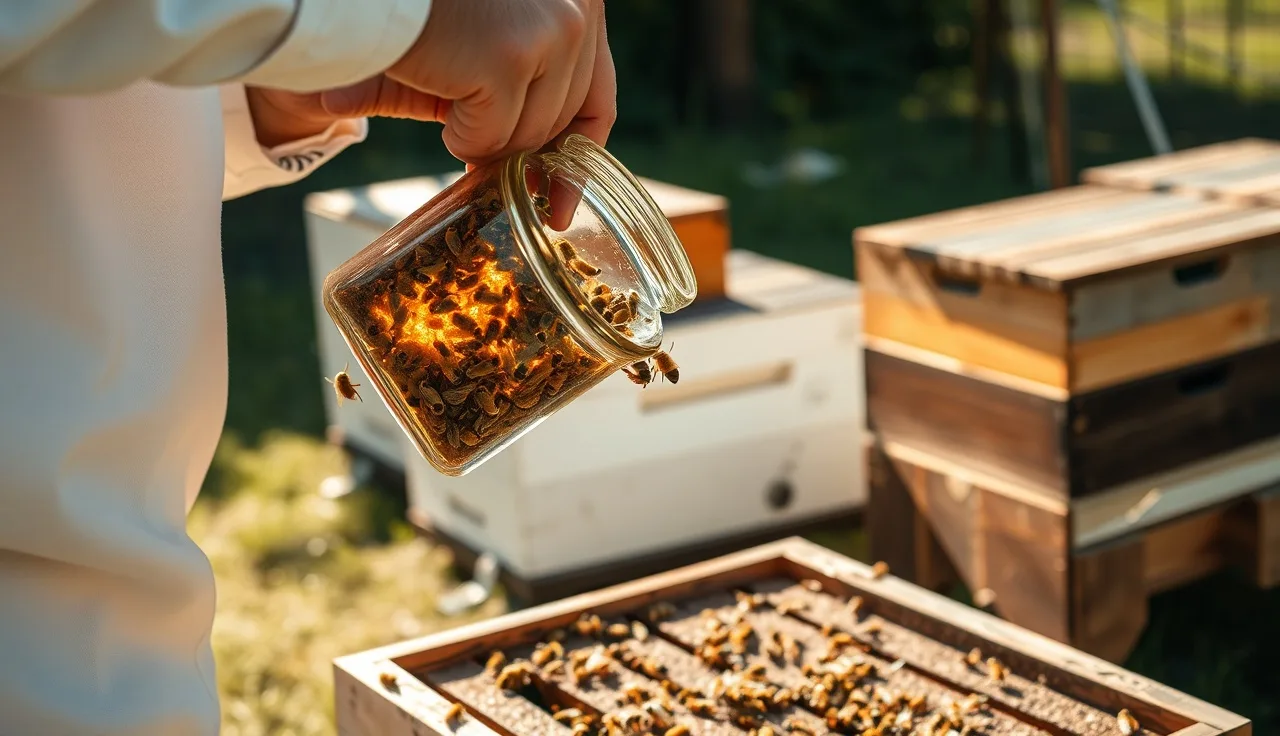 Beekeeper collecting bee sample into jar for varroa mite alcohol wash count