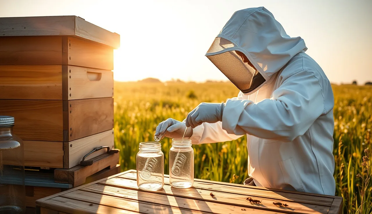 Beekeeper conducting a summer alcohol wash varroa mite test beside a hive