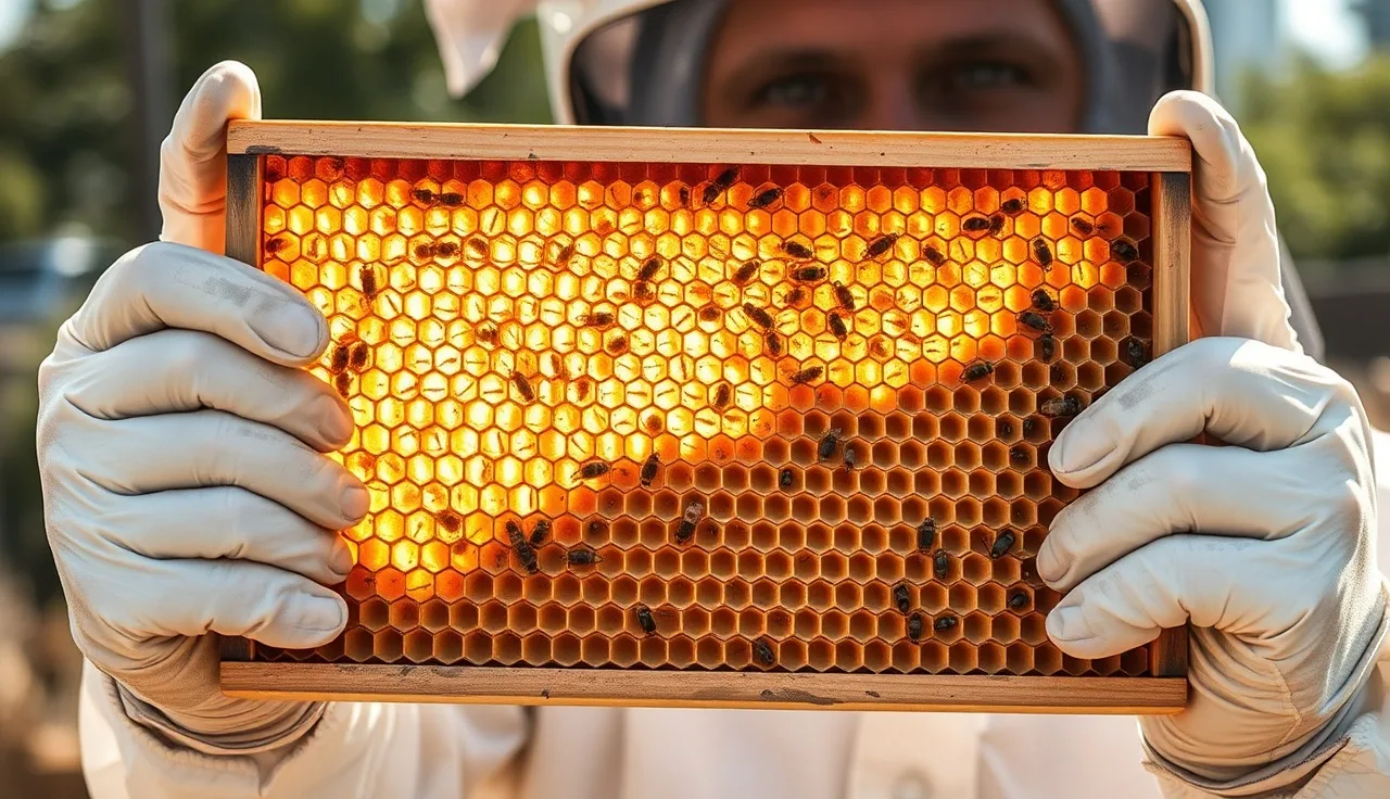 Beekeeper examining brood frame with visible sunken and perforated varroa-damaged cappings