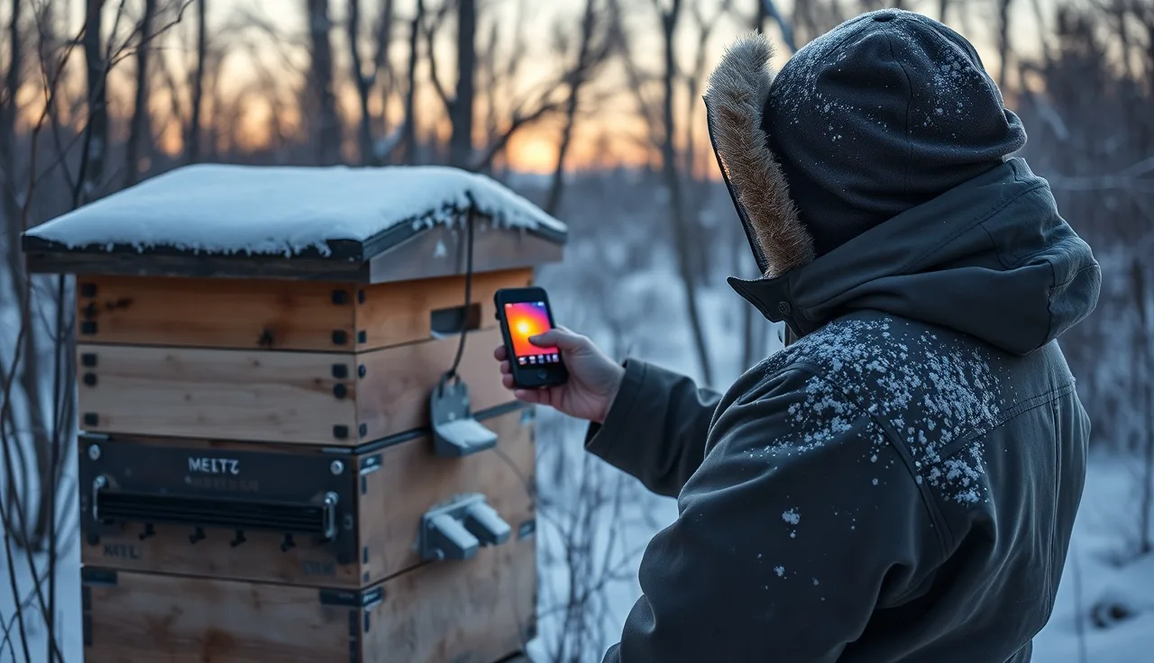 Beekeeper using thermal camera on snow-dusted winter Langstroth hive at dusk