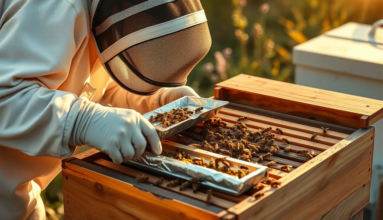 Beekeeper applying a thymol gel tray to open hive frames for varroa mite treatment