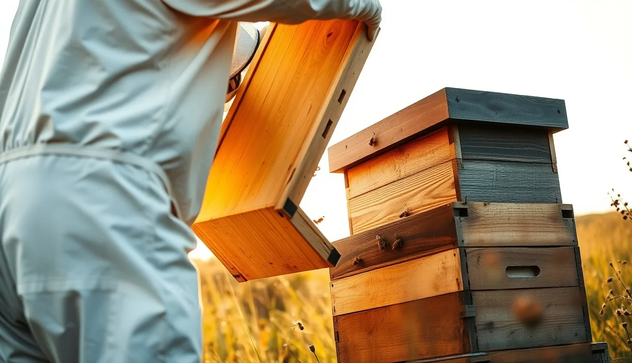 Beekeeper removing honey super from hive before thymol varroa treatment in autumn