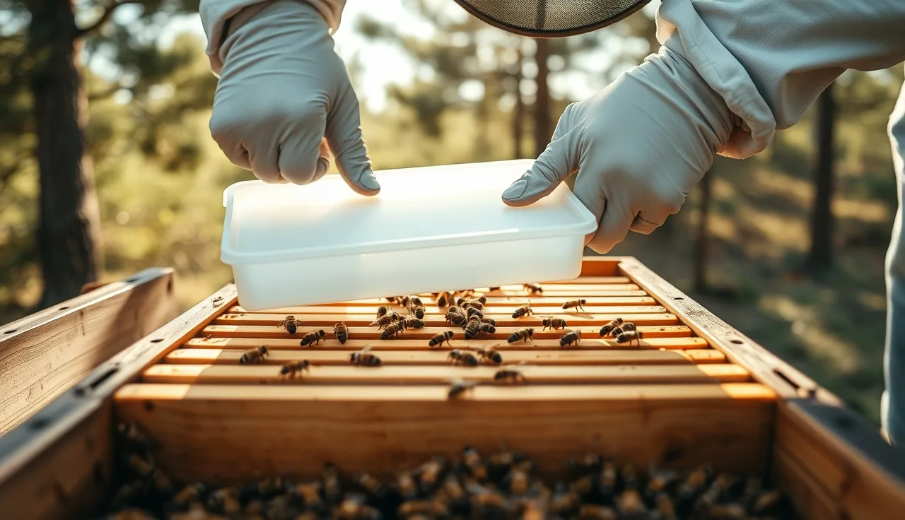 Beekeeper placing a thymol gel tray onto honeybee brood frames inside a hive