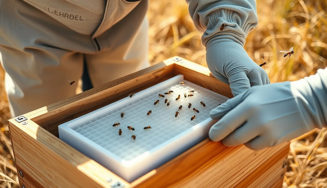 Beekeeper placing thymol gel tray inside wooden hive on warm summer day