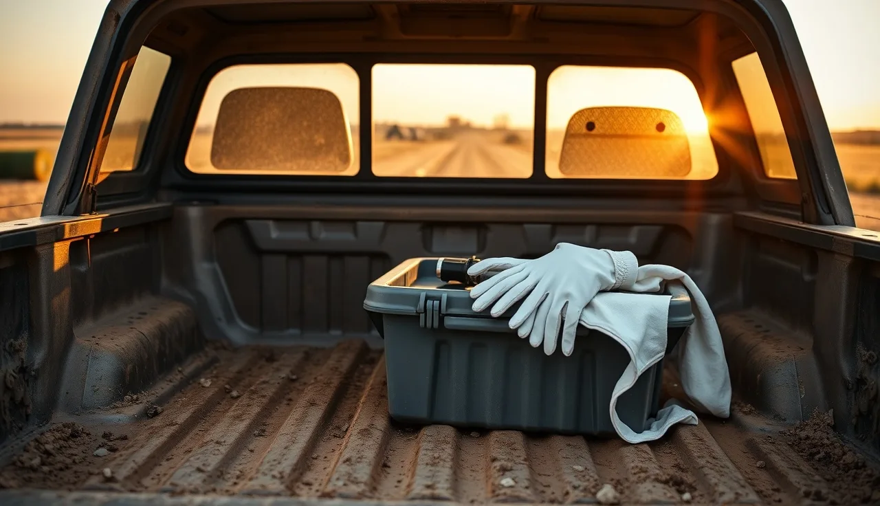 Open plastic tote with OA vaporizer and gloves in a pickup truck bed at an out-yard