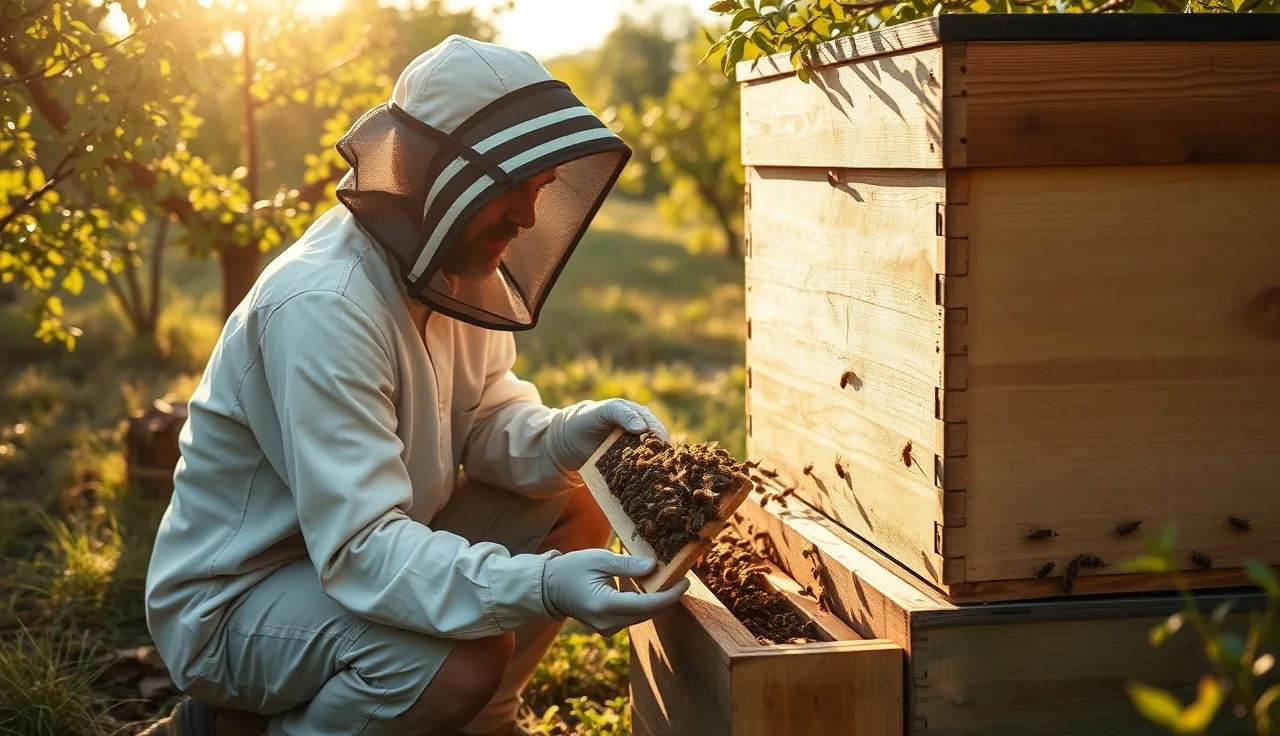 Beekeeper inspecting frame from newly hived swarm in backyard orchard