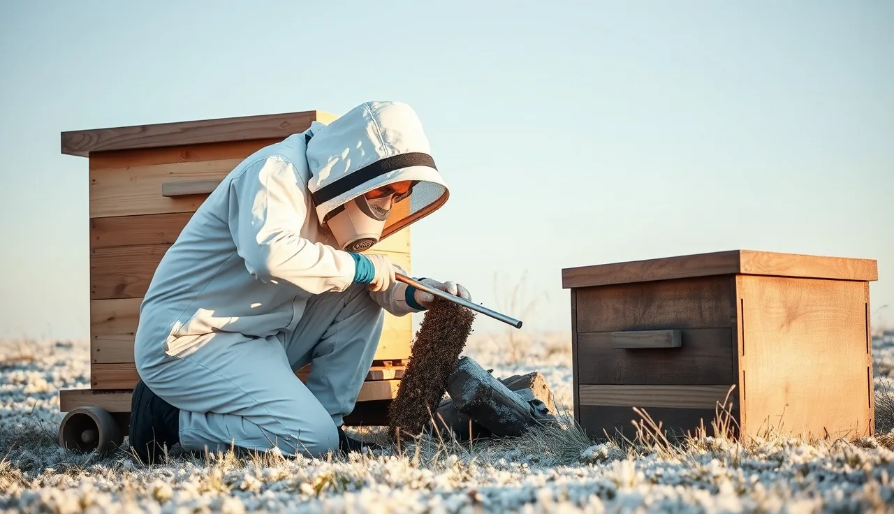 Beekeeper using an oxalic acid vaporizer on a sealed hive in winter