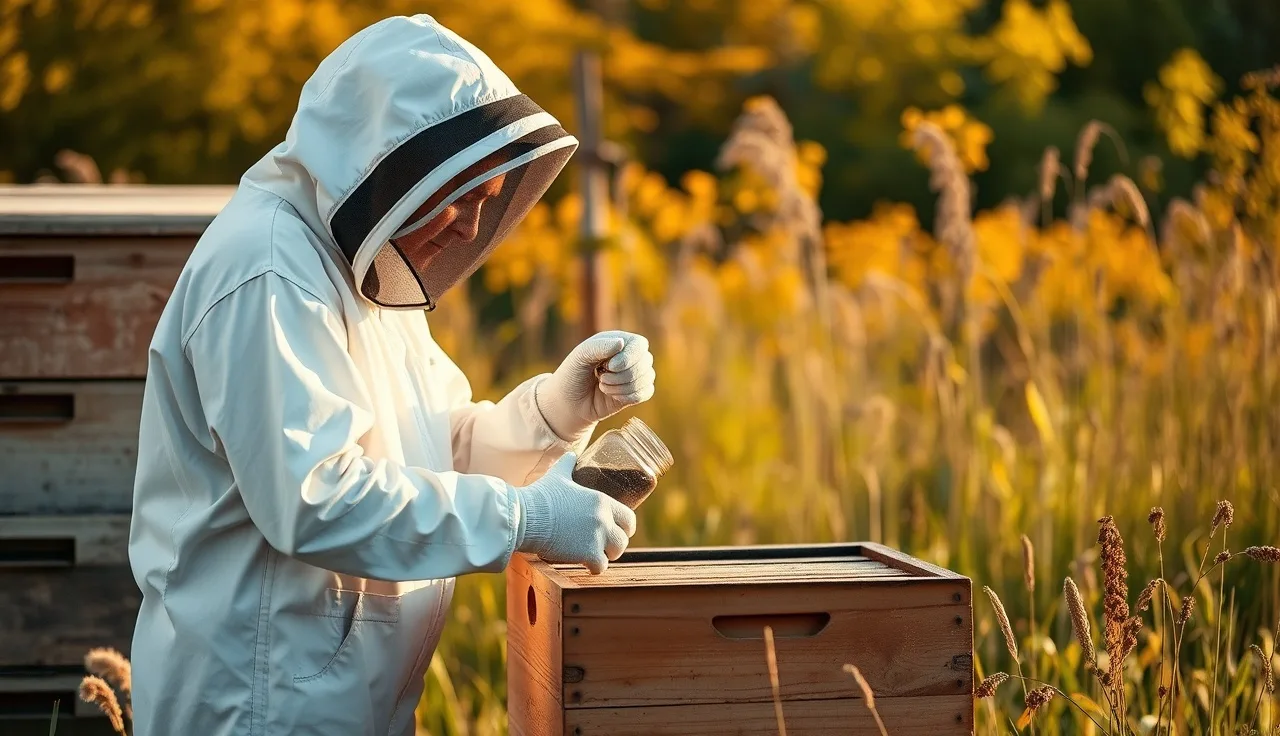 Beekeeper doing a mite wash test on a hive in a late-summer meadow
