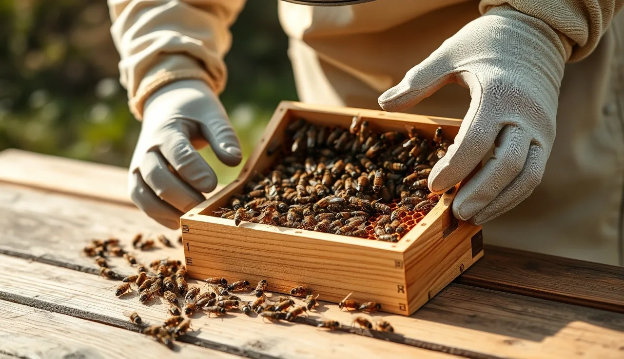 Beekeeper opening a small mating nuc box to inspect frames and bees