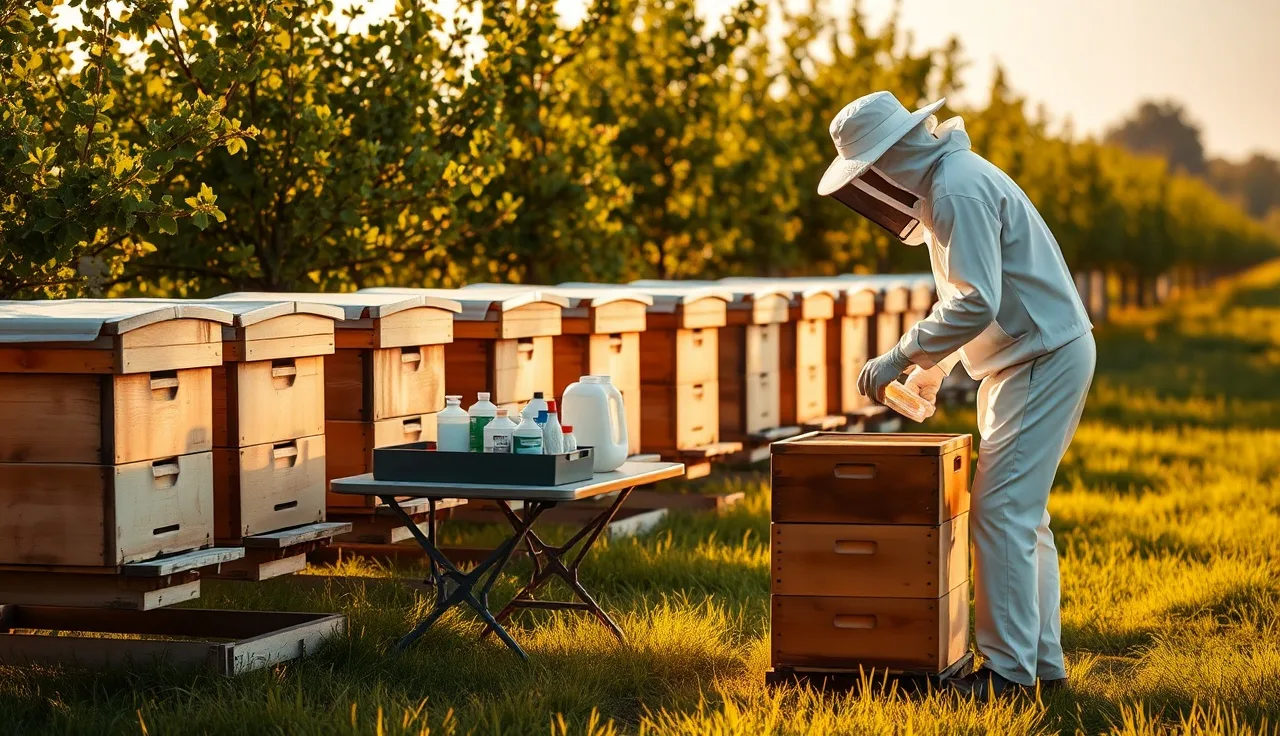 Beekeeper treating a row of Langstroth hives simultaneously in an orchard apiary