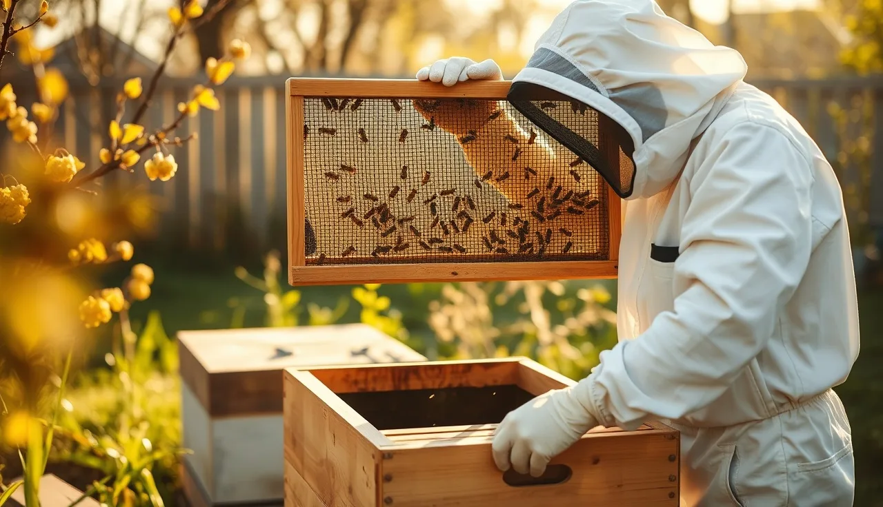 Beekeeper holding a package bee cage over an open hive box during spring installation