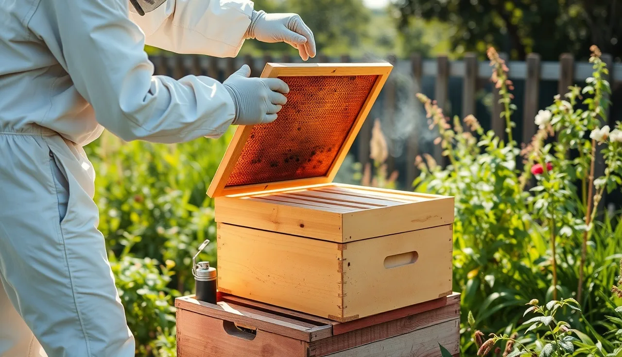 Beekeeper inspecting a frame from a double deep Langstroth hive in summer