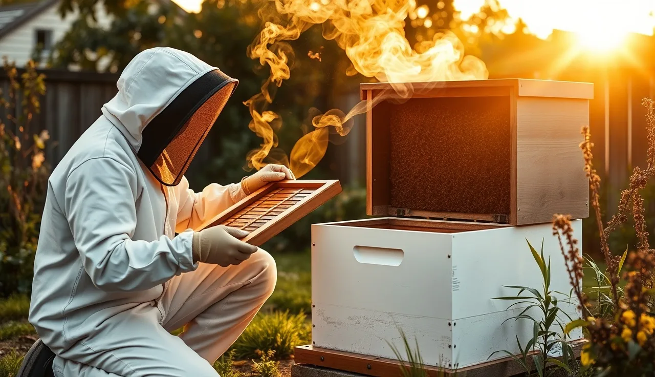 Beekeeper inspecting an open Flow Hive brood frame in a garden at golden hour