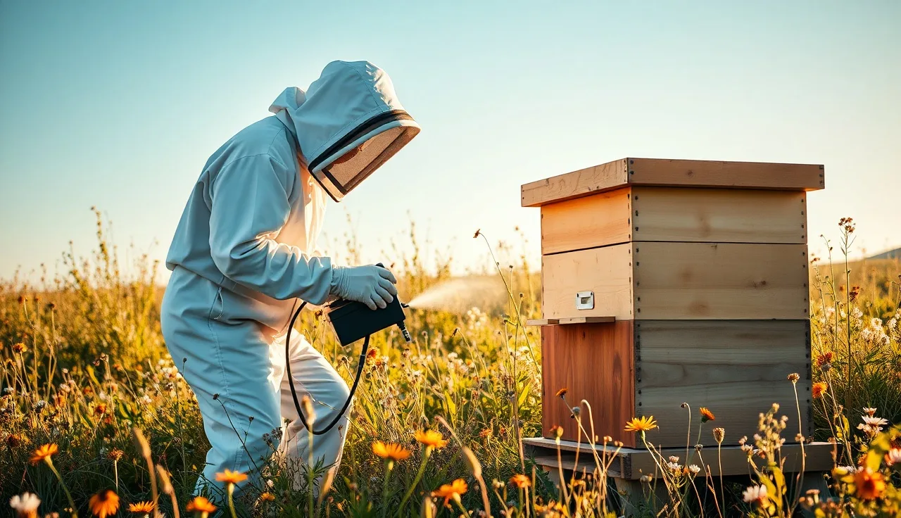 Beekeeper vaporizing oxalic acid into a hive to treat varroa mites organically