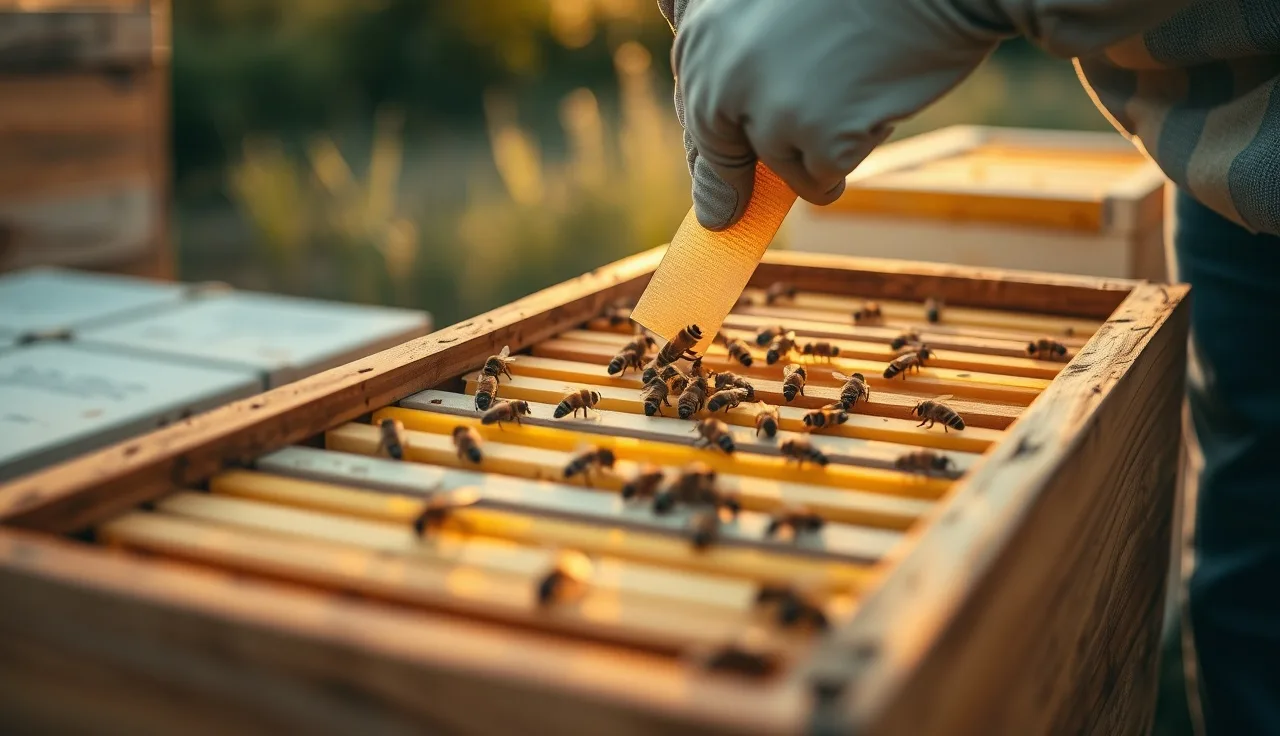 Beekeeper inserting varroa treatment strip into a hive box outdoors