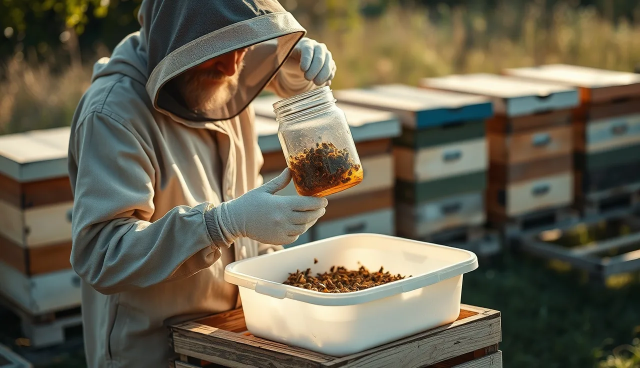 Beekeeper performing alcohol wash mite count over hive boxes in morning light