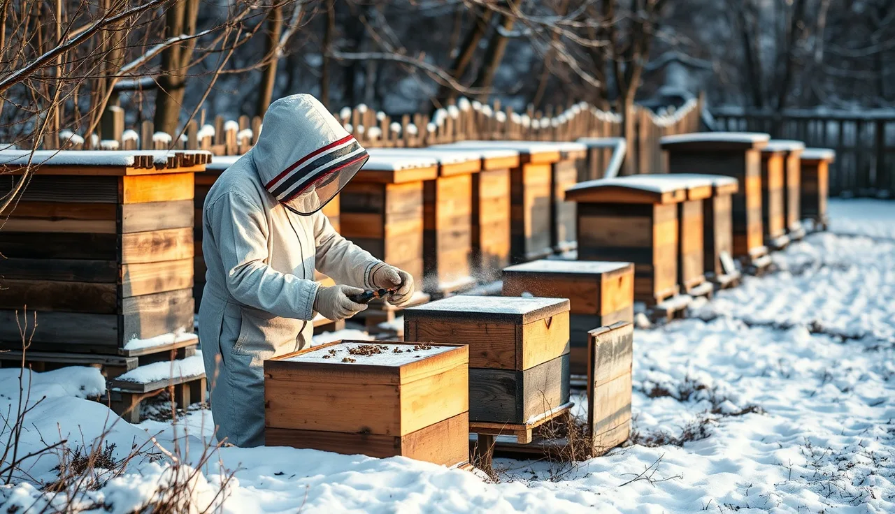 Beekeeper using oxalic acid vaporizer on hives in a winter apiary