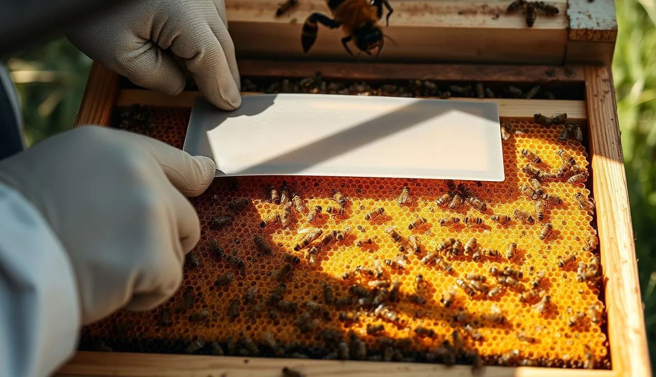 Beekeeper placing Apivar strip between brood frames in open hive