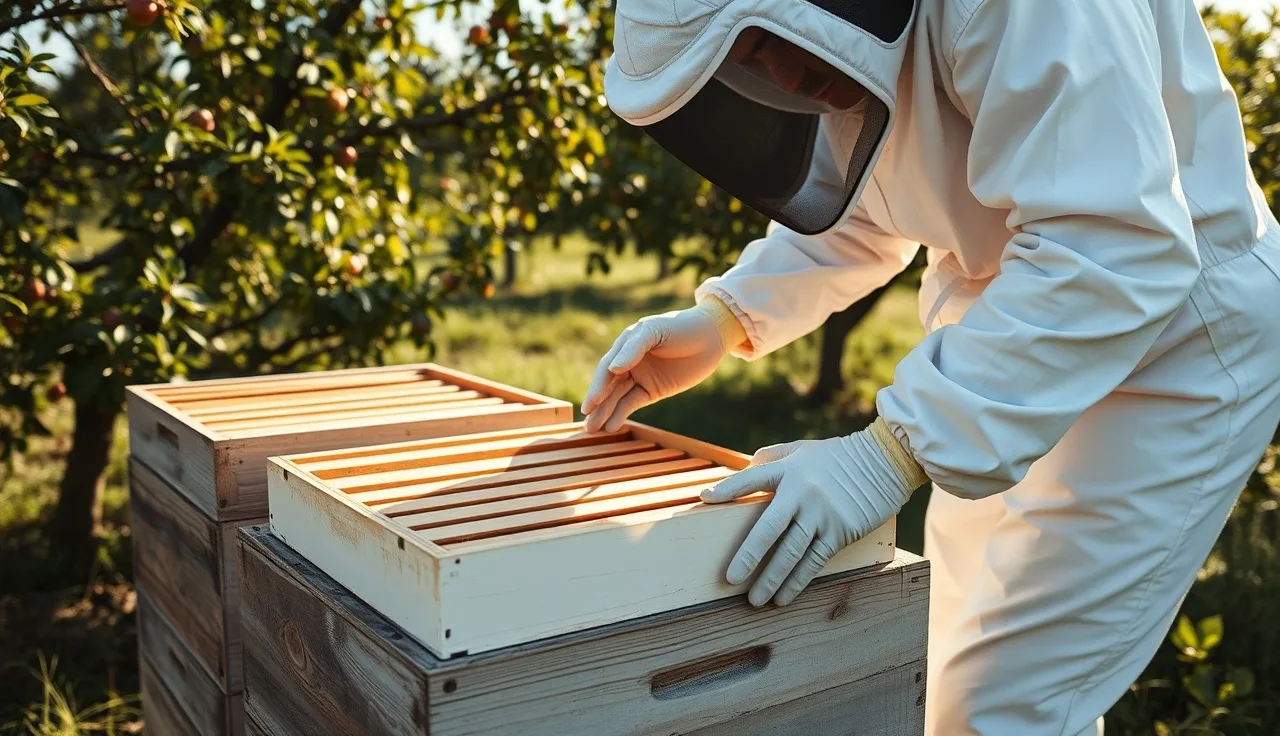 Beekeeper placing a formic acid treatment strip across hive top bars