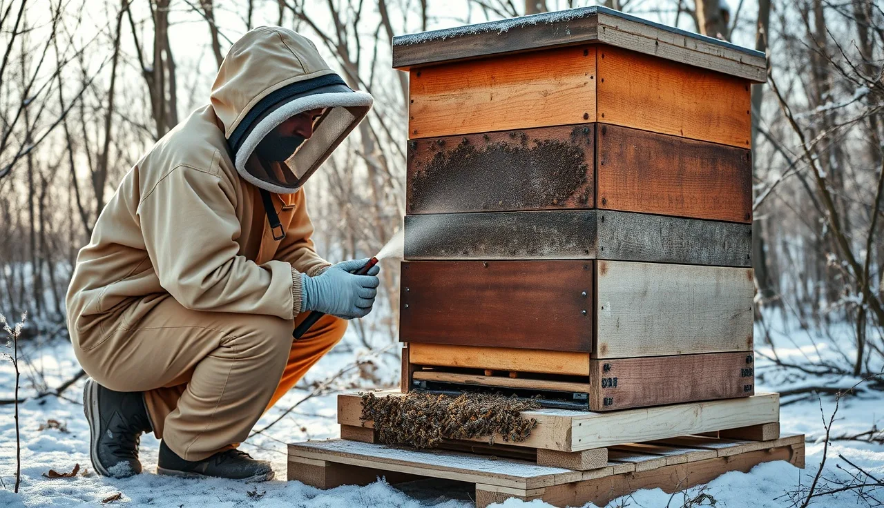 Beekeeper inserting OA vaporizer into sealed hive entrance during winter treatment
