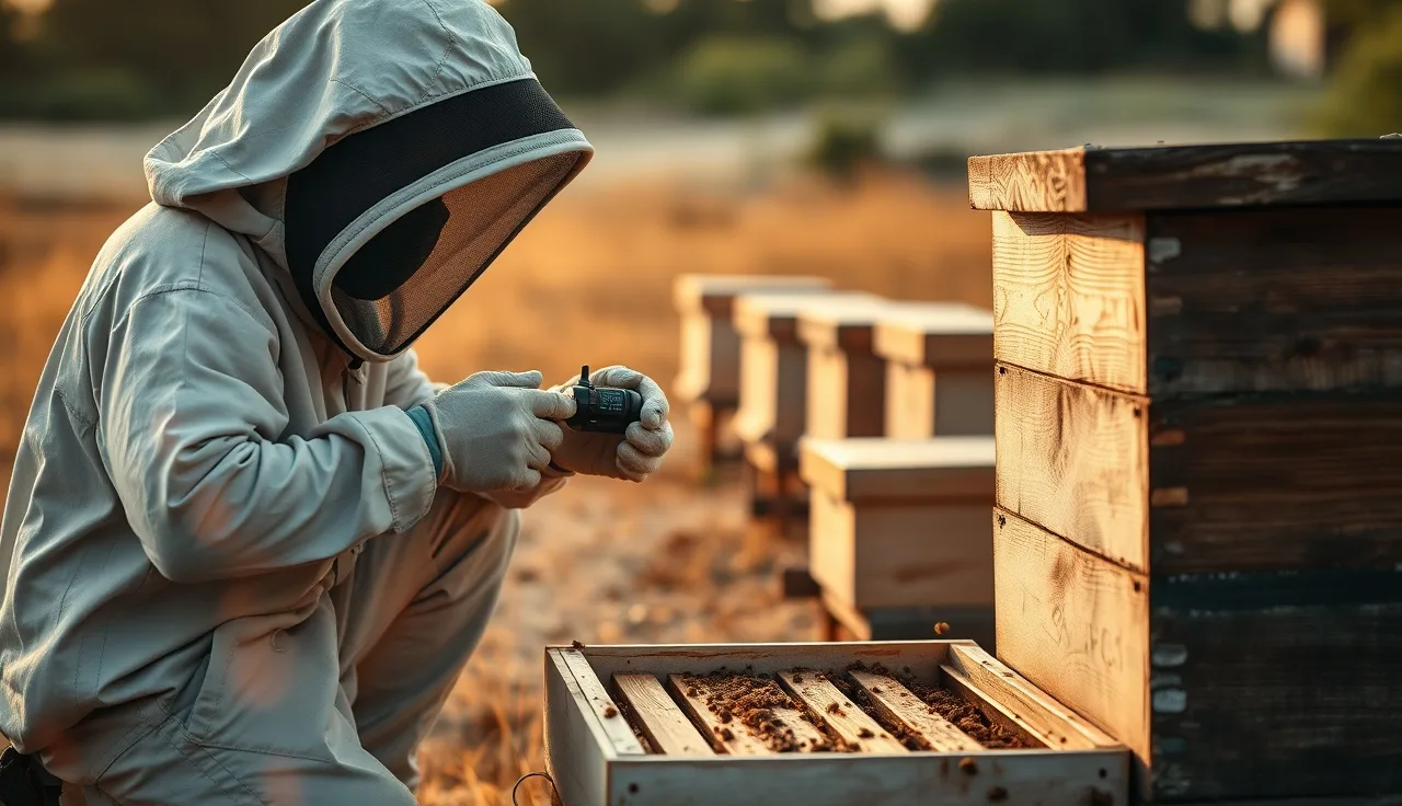 Beekeeper inserting oxalic acid vaporizer into hive entrance during early morning treatment