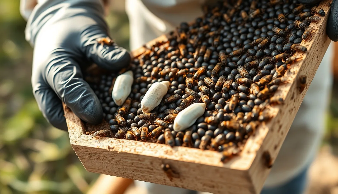 Gloved hand holding brood frame with white chalkbrood mummies among live bees
