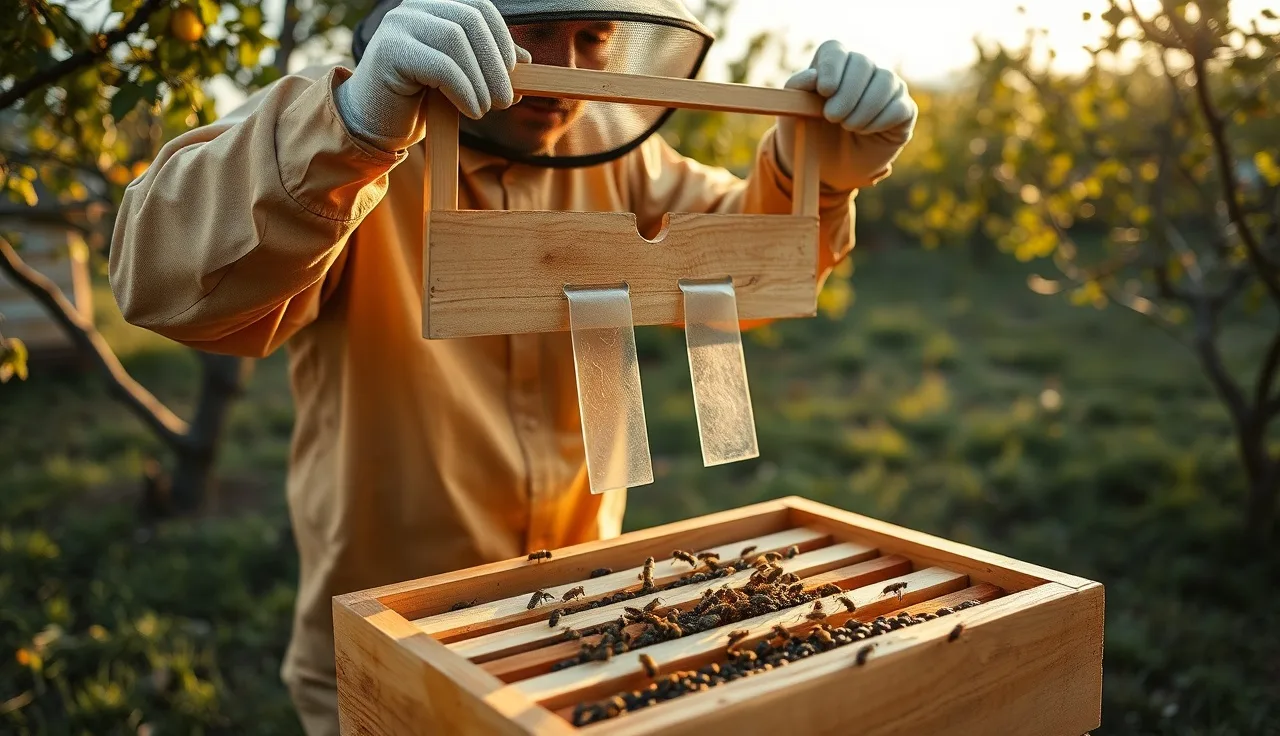 Beekeeper holding hive frame above open hive with varroa treatment strips hanging between brood frames