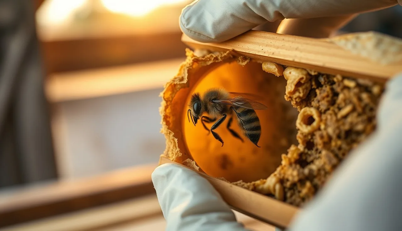 Beekeeper inspecting an open brood cell containing a honey bee pupa for varroa mites