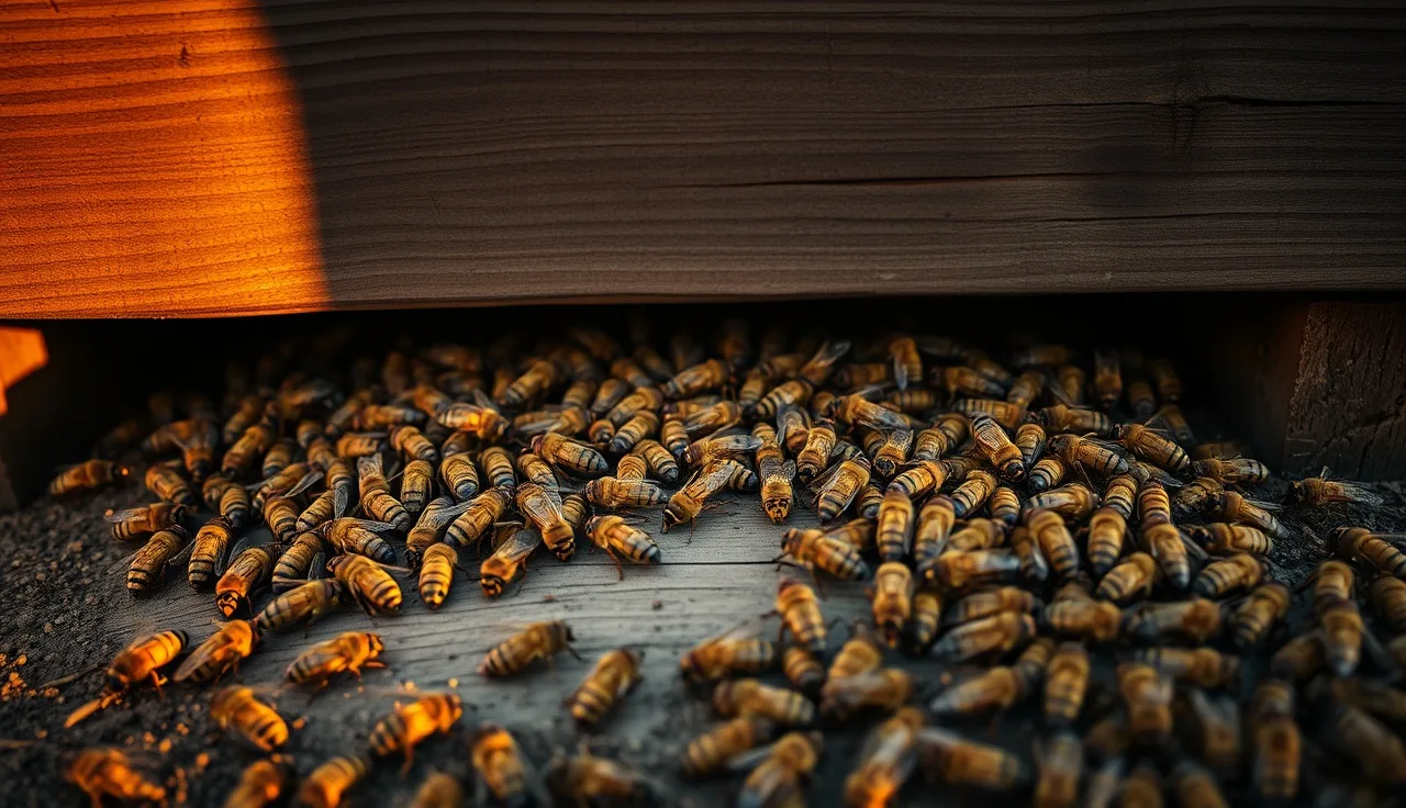 Dead honey bees scattered across a hive landing board after colony collapse