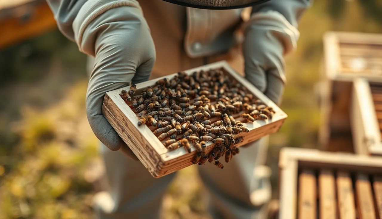 Beekeeper holding a brood frame covered with honey bees outdoors in afternoon light