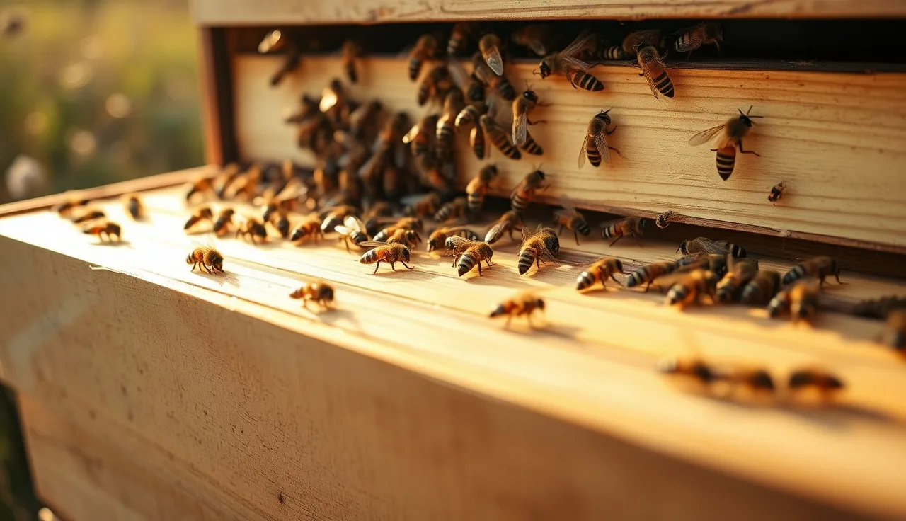 Beekeeper frame with drones and worker bees in a garden apiary