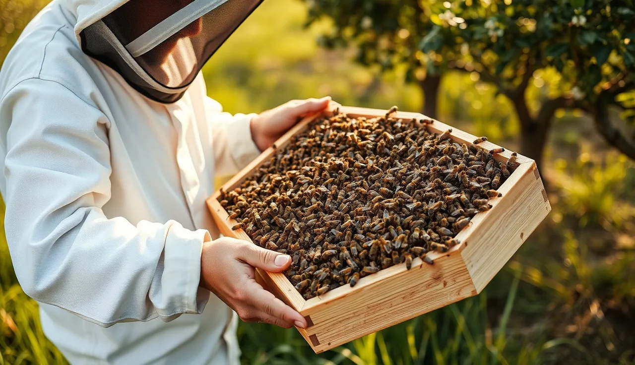 Beekeeper holding a nuc box covered in a swarm cluster before hiving