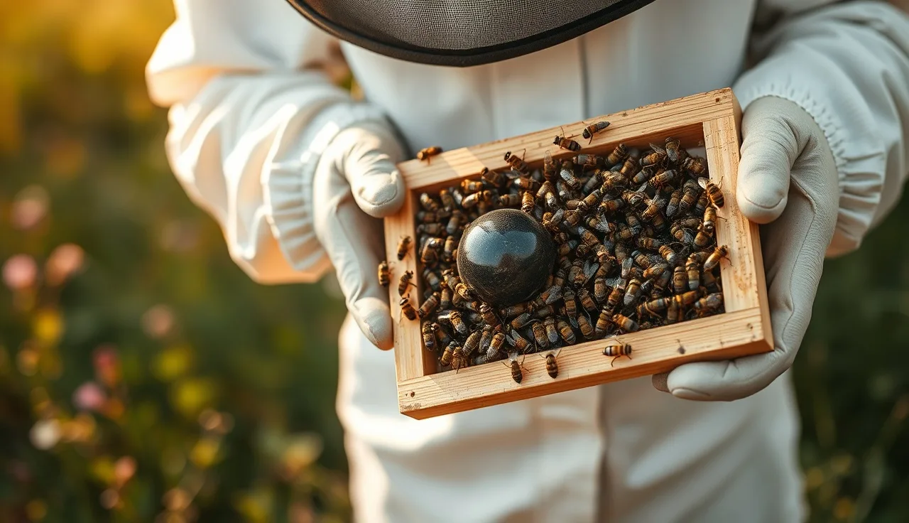 Beekeeper holding a frame with a capped queen swarm cell and bees