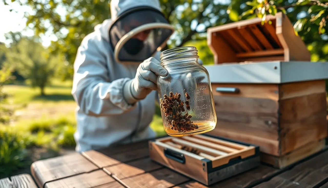 Beekeeper performing an alcohol wash varroa test beside an open beehive