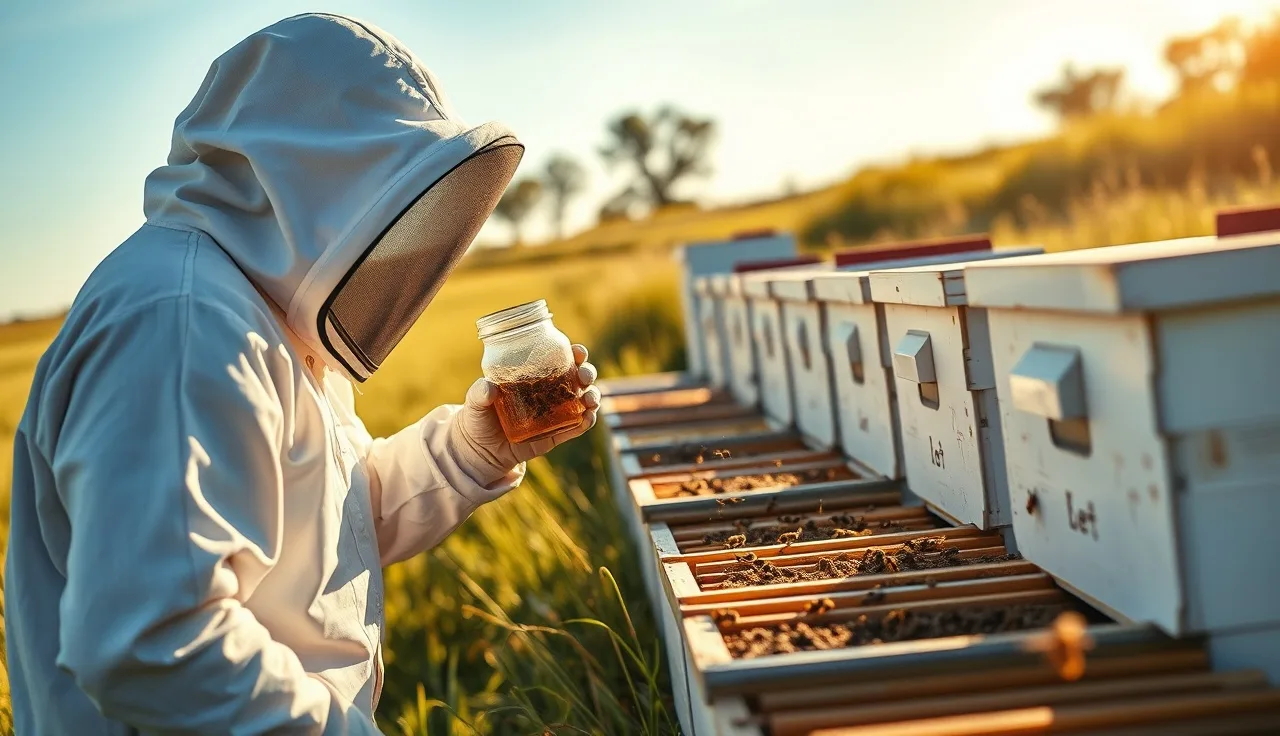 Beekeeper performing alcohol wash mite test beside ten hives in a meadow
