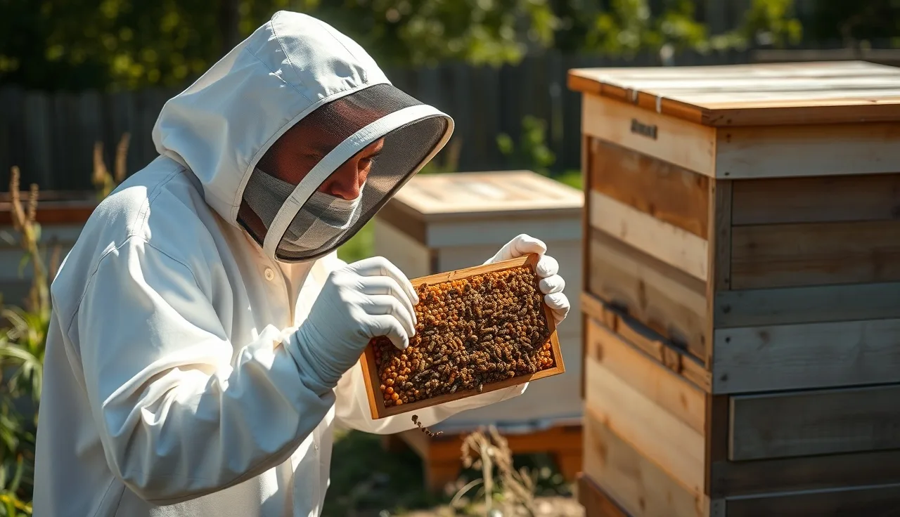 Beekeeper inspecting a brood frame for varroa mites in a small backyard apiary