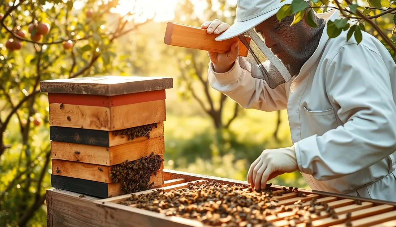 Beekeeper lifting a top bar from a Warré hive to inspect honeycomb for varroa mites