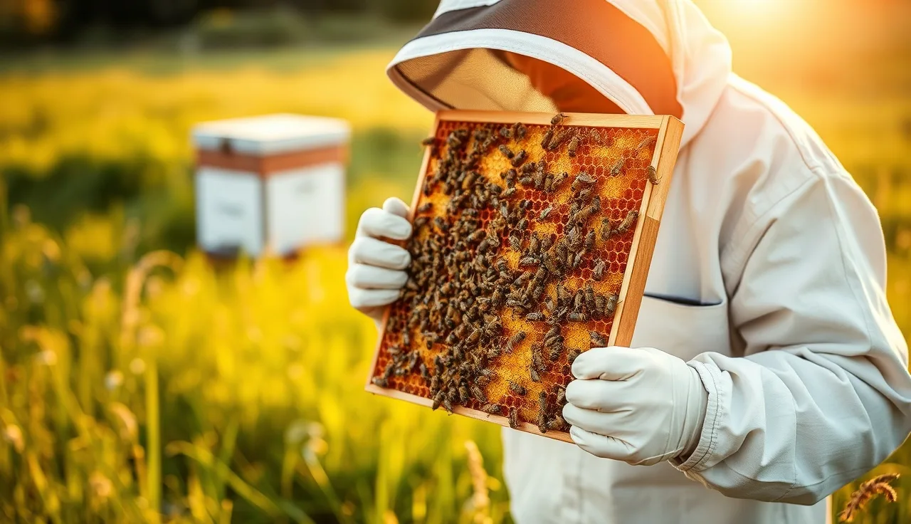 Beekeeper inspecting a honeycomb frame for varroa mites in a summer meadow