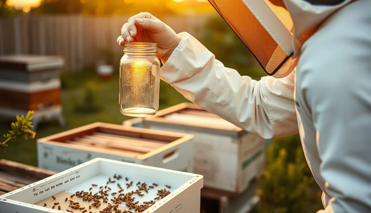 Beekeeper examining alcohol wash mite count in a mason jar over open hive