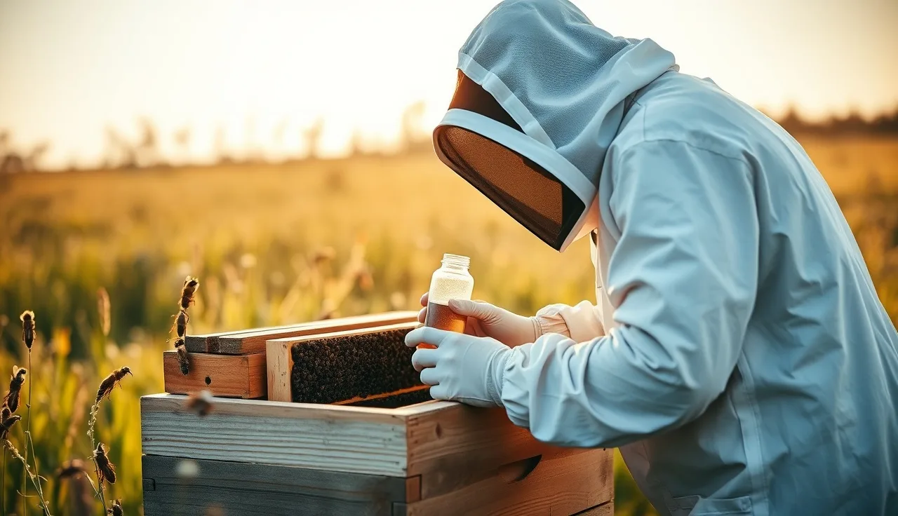 Beekeeper performing alcohol wash varroa mite test at hive in late summer meadow