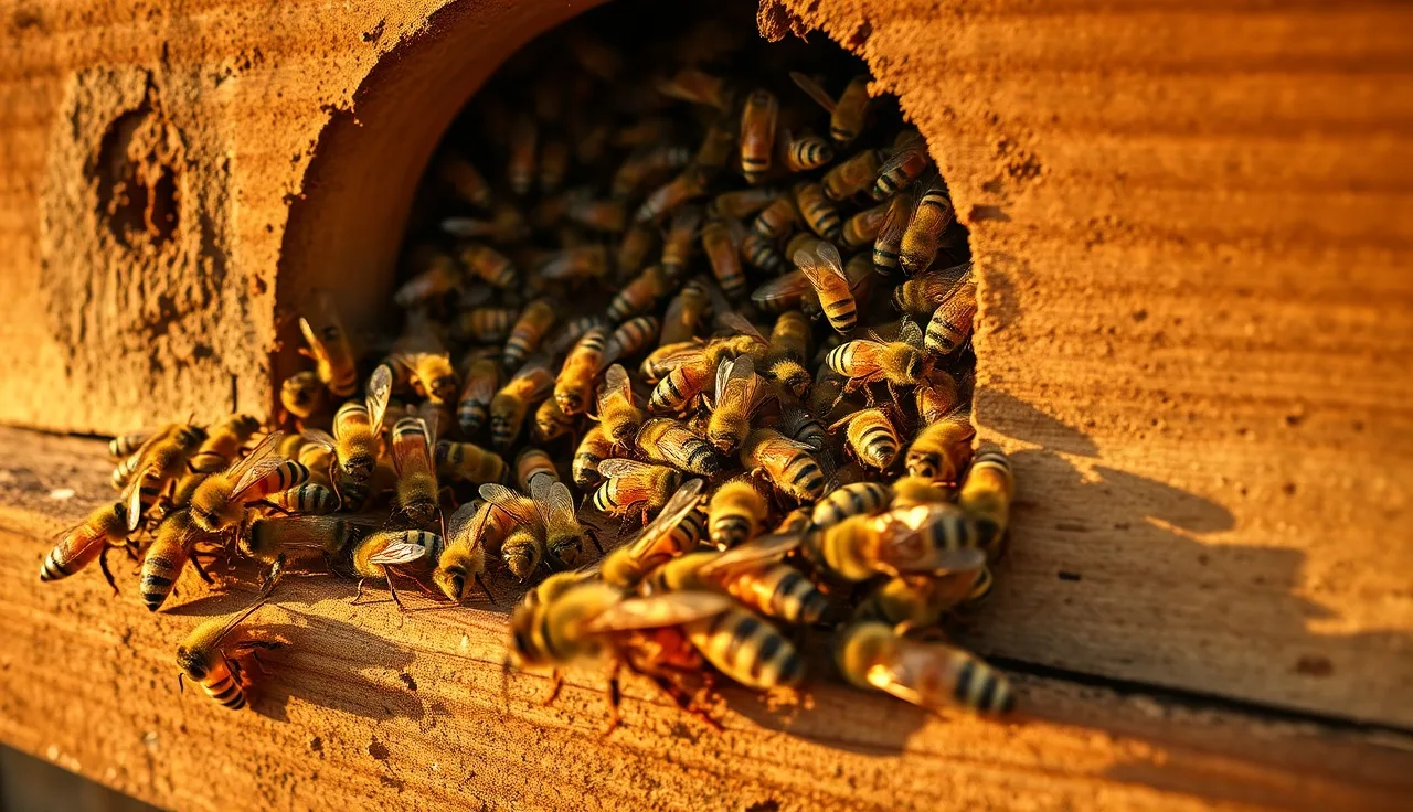 Honey bees crowding and fighting at a wooden hive entrance during late summer robbing