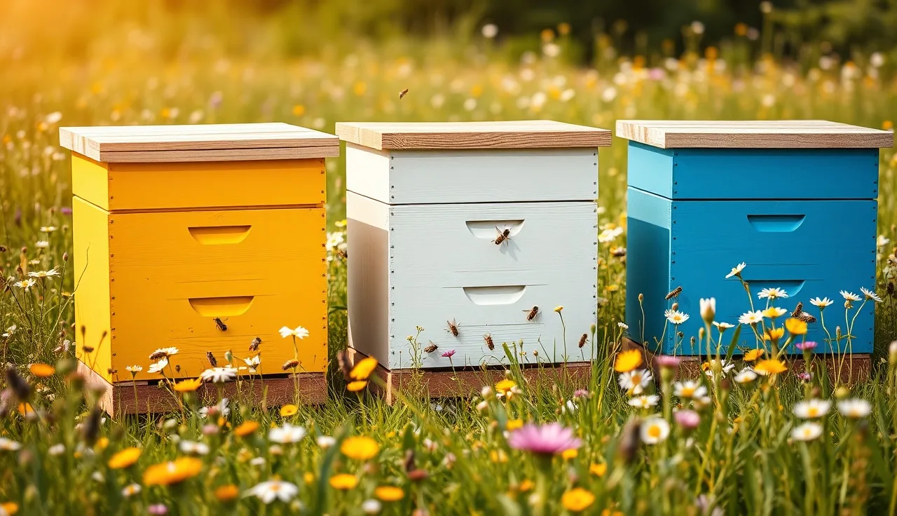 Three differently colored beehives in a staggered semicircle with bees drifting at entrances