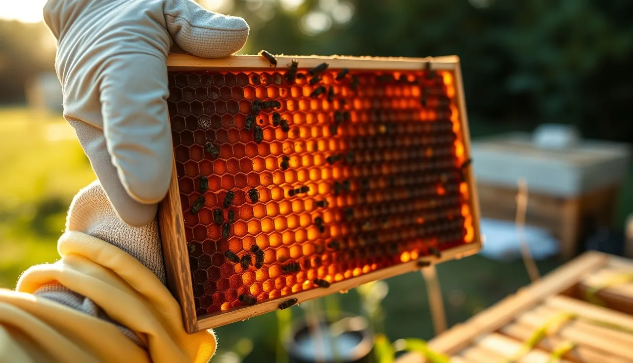 Gloved hand holding a dark brood frame showing capped and open cells with varroa infestation signs