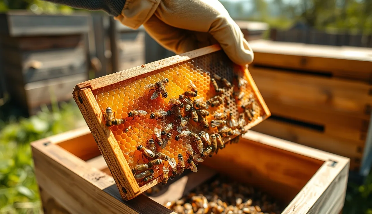 Beekeeper inspecting honeycomb frame from hive box to check for varroa mites