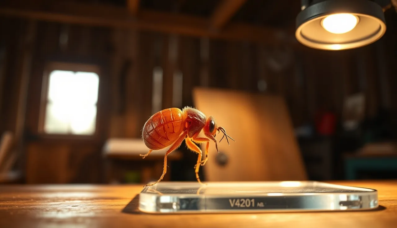 Varroa mite on a glass slide under angled microscope light on a wooden bench