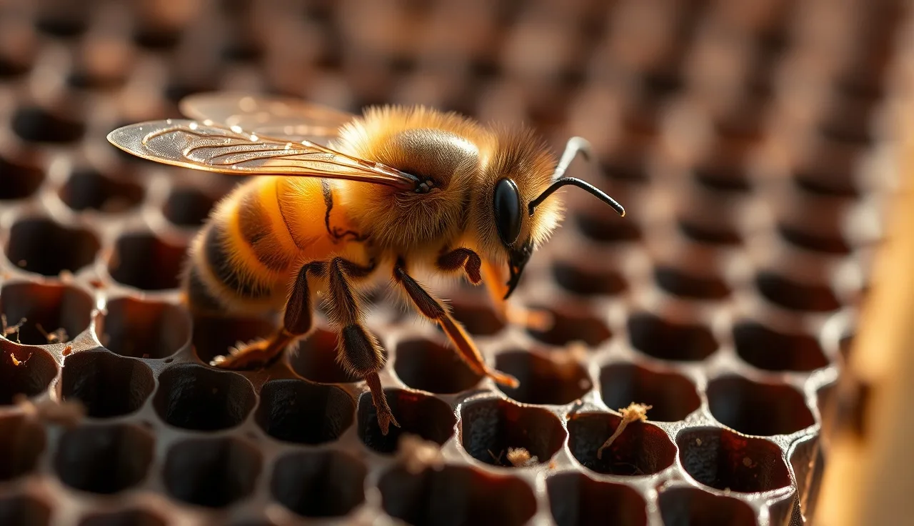 Macro photo of a honey bee on comb with a varroa mite on its abdomen
