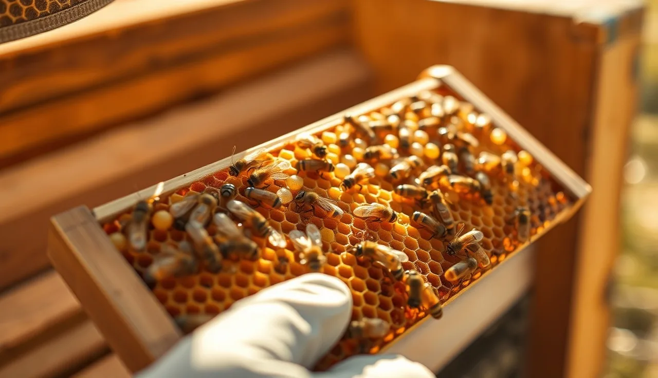 Beekeeper holding a brood frame covered in capped honey bee cells showing varroa mite habitat