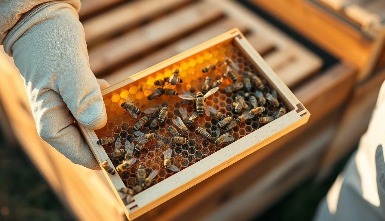 Gloved hand holding a honey bee brood frame with capped cells containing varroa mites